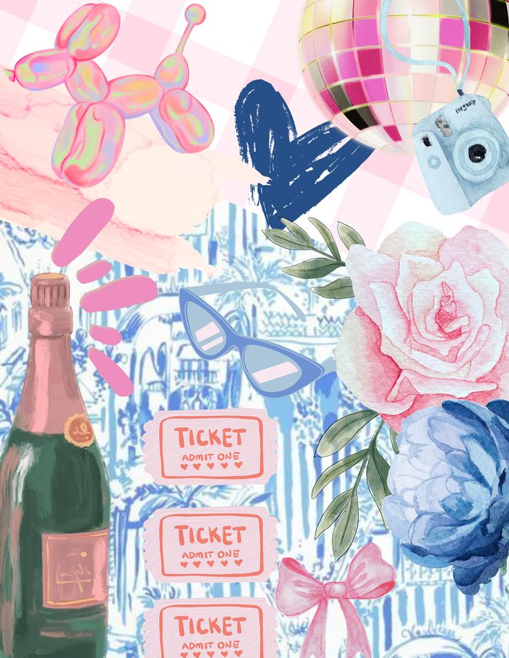 an image of a pink and blue background with flowers, balloons, and tickets on it