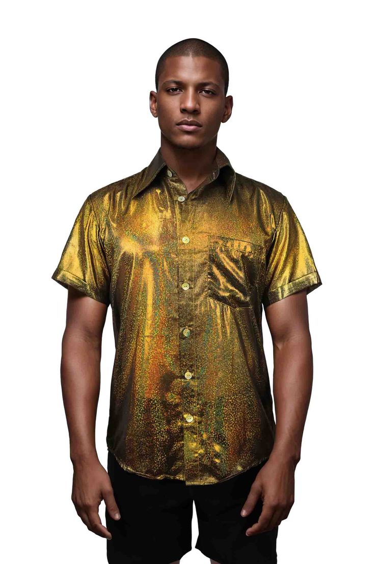 mens gold button down shirt from Love Khaos Fitted Gold Party Shirt, Gold Fitted Party Shirt, Gold Button-up Shirt For Party, Fitted Short Sleeve Party Shirt, Gold Shirt For Summer Party, Party Season Short Sleeve Shirt, Fitted Short Sleeve Shirt For Party Season, Party Short Sleeve Shirt, Disco Style Short Sleeve Summer Shirt