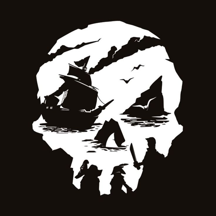 a black and white image of a skull with a pirate ship in the ocean behind it