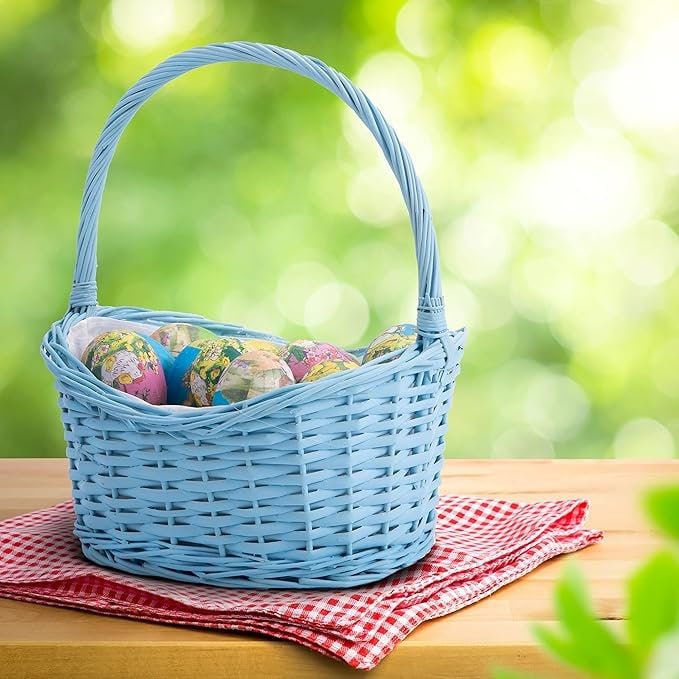 a blue basket filled with eggs sitting on top of a table