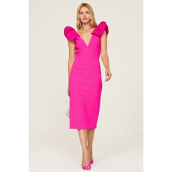 Pink crepe (98% Polyester, 2% Spandex. Contrast: 100% Polyester). Sheath. Sleeveless. V- neck. Back zipper closure. 45.5" from shoulder to hemline. Imported. Structured Cocktail Dress For Summer, Structured Spring Dresses For Date Night, Structured Dresses For Date Night In Spring, Structured Dresses For Spring Date Night, Spring Night Out Dress With Structured Shoulders, Spring Midi Dress With Structured Shoulders For Brunch, Structured Spring Night Out Dresses, Spring Midi Dress With Structured Shoulders For Night Out, Spring V-neck Dresses With Structured Shoulders