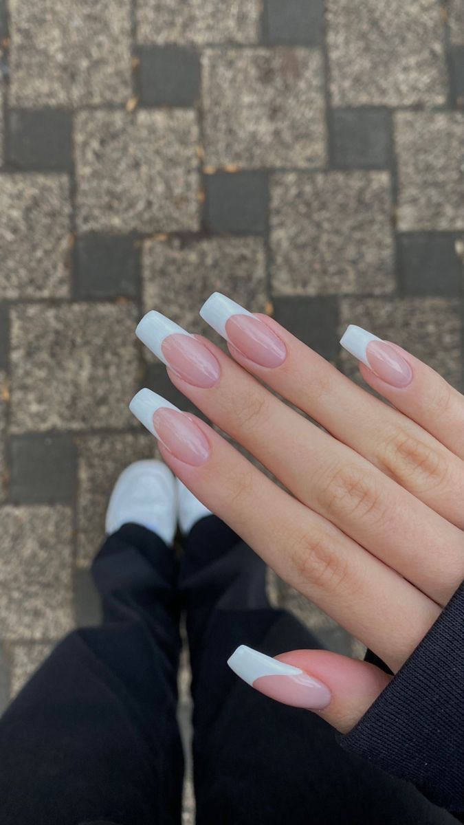 Coffin Clean Nails, Squoval French Tip Nails Long, Long French Tip Nails, Long French Nails, French Tip Acrylic Nails, Basic Nails, Beauty Finds, French Acrylic Nails, Soft Nails