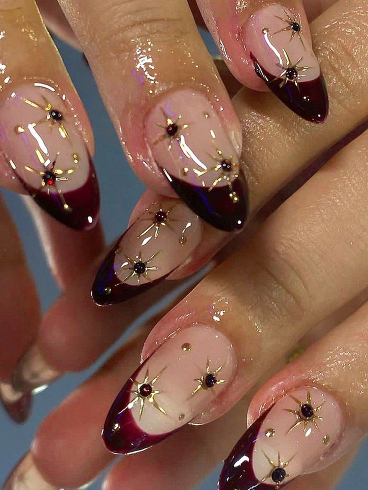 Free Returns ✓ Free Shipping✓. Change Your Nails, 24pcs Medium Long Almond Shaped Nails With Super Glittery Rhinestone & Starry Sky Pattern Combined With Berry Purple French Design Covering The Entire Nails Set, Suitable For Sexy Women And Fashionable Girls For Parties, Dates And Travels. Press On Nails Supplies- Press On Nails at SHEIN. Cute Nails Gel Coffin, Trending Short Acrylic Nails, Almond Acrylic Nails Autumn, Nail Idea Almond Shape, Vintage Nail Inspiration, Nail Art Wine Color, Red Nails Press On, Spain Acrylic Nails, Nail Inspo Wine Red