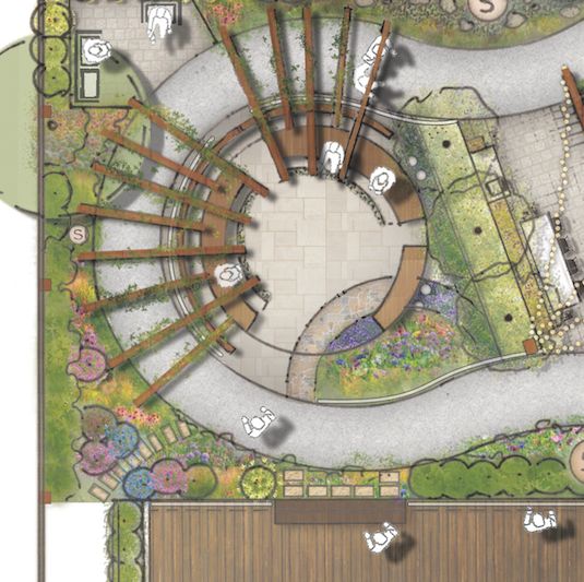 an aerial view of a circular garden design