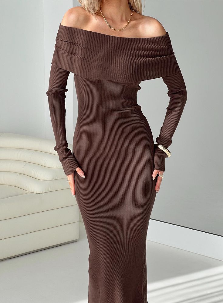 Long sleeve maxi dress Slim fitting, ribbed knit material, off-the-shoulder design, folded neckline, leg slit Good stretch, unlined 48% viscose 28% polyester 24% elastane Cold hand wash Chocolate Dress Outfit, Chocolate Outfit, Cute Fall Dresses, 23 Fashion, Baddie Vibes, Simple Fits, Dress Slim, Fall Photoshoot, Sleeve Maxi Dress