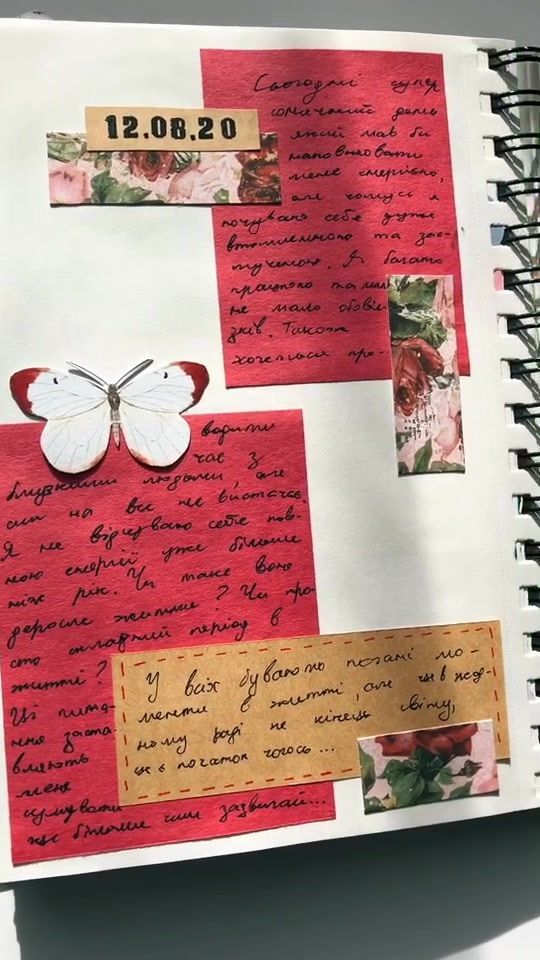 an open notebook with some writing on it and a butterfly attached to the page,