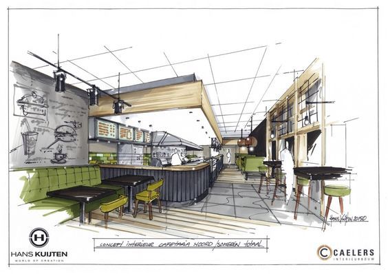 an architectural drawing of a restaurant with green chairs and counter tops, along with bar stools