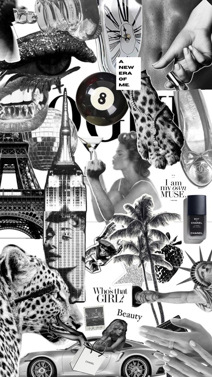 black and white collage with many different things