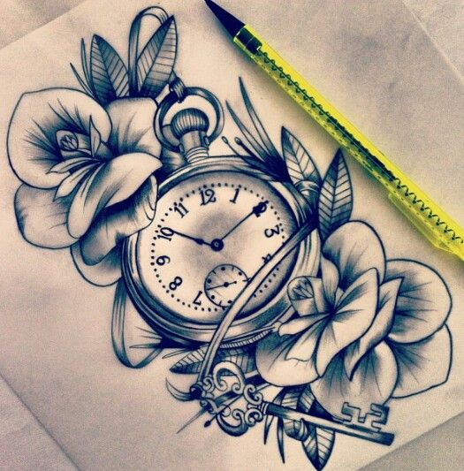 a drawing of a pocket watch with flowers on it