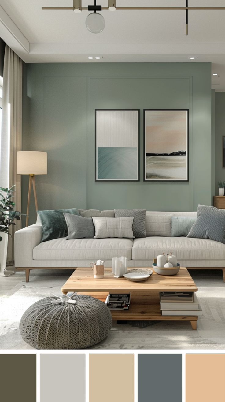 a living room filled with furniture and lots of color swatches in shades of grey