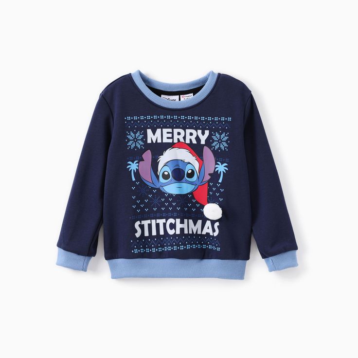 Celebrate the holidays in adorable Disney style with the Disney Stitch Christmas Family Sweatshirts. Perfect for adding festive cheer to your family gatherings and seasonal outings!
* Product features: 3D pom-pom embellished Christmas hat worn by Stitch.
* Fabric characteristics: Soft and comfortable material for a cozy fit.
* Piece of product: 1 sweatshirt.
* Neckline: Crewneck.
* Sleeves: Long sleeves.
* Style: Playful design with a merry stitchmas slogan.
* Fit: Regular fit.
* Length: Regular length. Family Christmas Sweaters Disney, Christmas Disney Sweaters, Stitch Sweater Disney, Stitch Hoodie Kohls, Disney Princess Ugly Christmas Sweater, Holiday Tops, 3d Christmas, Cozy Fits, Christmas Hat