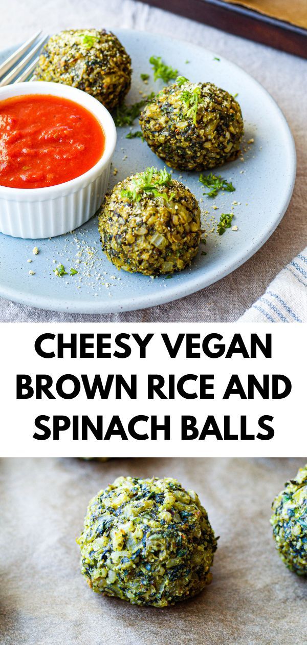 cheesey vegan brown rice and spinach balls on a plate with dipping sauce