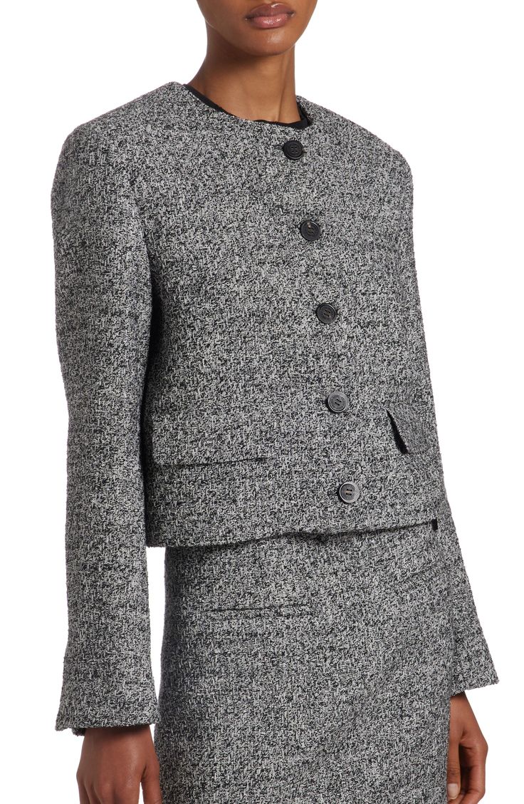 Inspired by everyday glamour in the City of Lights, this cropped cotton-bouclé jacket beautifully marries Parisian elegance and quality Italian craftsmanship. Front button closure Jewel neck Front flap pockets Lined 60% cotton, 20% polyester, 10% viscose, 10% acrylic Machine wash, line dry Made in Italy Designer Clothing Elegant Cropped Tweed Jacket For Formal Occasions, Elegant Cropped Wool Blazer, Elegant Cropped Tweed Outerwear, Elegant Cropped Fitted Tweed Jacket, Elegant Fitted Wool Cropped Jacket, Elegant Fitted Tweed Cropped Jacket, Elegant Tweed Cropped Jacket For Work, Parisian Elegance, City Of Lights