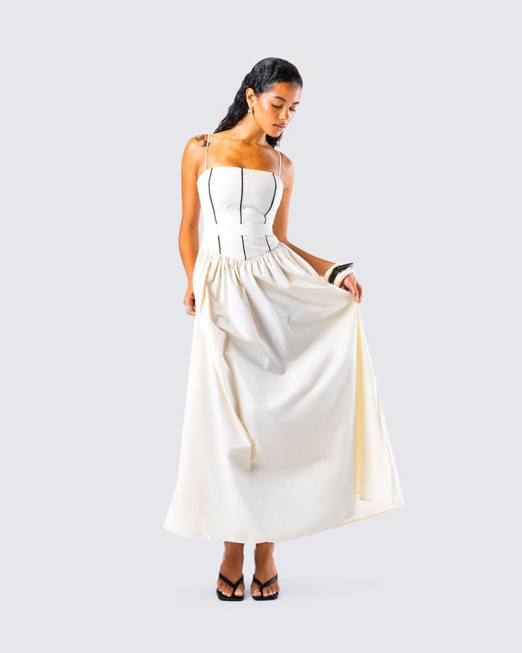 Make a lasting impression in this ivory cotton maxi dress 🤍 With black contrast piping trim and a fitted bodice, this gorgeous piece made from cotton poplin fabric is the kind of look that will effortlessly bring all of the attention straight to you 🙌 White Fitted Lined Maxi Dress, White Cotton Dress With Boned Bodice, Elegant White Maxi Dress With Boned Bodice, White Cotton Midi Dress For Formal Occasions, Formal White Cotton Midi Dress, Elegant Cotton Lined Midi Dress, Elegant Lined Cotton Midi Dress, White Cotton Maxi Dress With Fitted Bodice, Elegant Cream Cotton Midi Dress