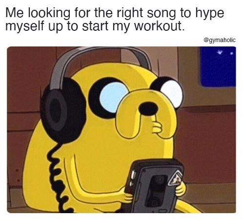 a cartoon character wearing headphones and holding a cell phone with the caption me looking for the right song to hype myself up to start my workout