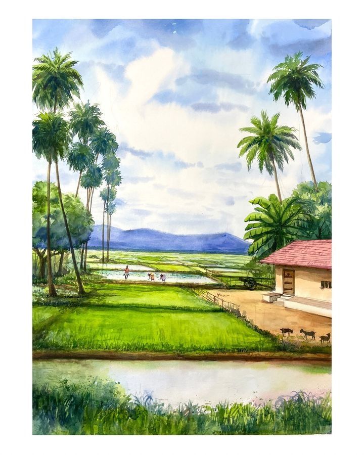 a painting of palm trees and water in the background