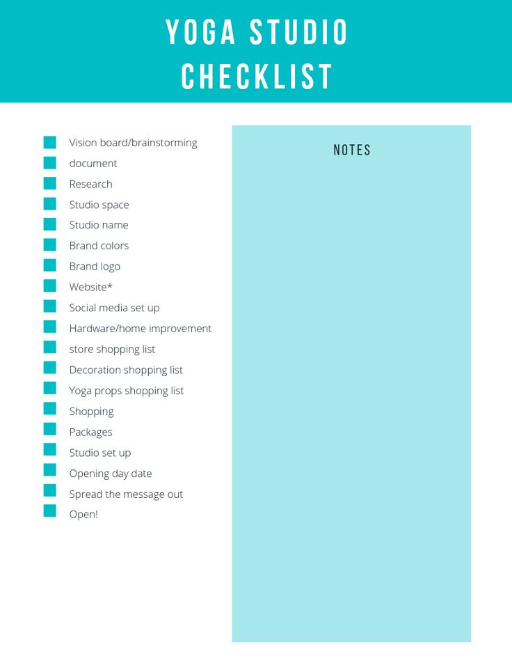 a yoga studio checklist with the words, notes and images in blue on it