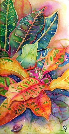 a painting of colorful leaves on a white background