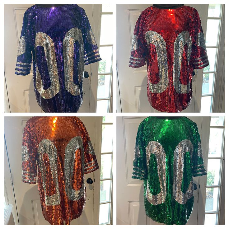 "One size fits most either regular or plus.  Sequin Jersey T-shirt/dress  fits like a T-shirt if you are tall, dress if you are short Options are Red, Green, Purple, or Orange.  Great for college or pro football games! Fully lined, sequins on front and back about 30\" long 24\" wide. (regular) NOW offering a plus size option fitting XL-3XL! (plus size) 36\" long and 28\" wide  personalization only on orders of 50 or more." Sequin Jersey, Tall Dress, Ashley Nicole, Tall People, Plus Size Fits, A Plus, Football Games, Football Jerseys, Football Shirts