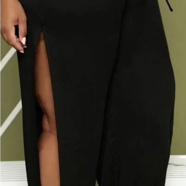 Brand New Plus Comfortable Drawstring Waist Split Hem Pants. Chic Black Bottoms With Side Slits, Black Wide Leg Pants With Side Slits, Chic Black Pants With Side Slits, Black Tie Waist Bottoms For Loungewear, Black Tie Waist Loungewear Bottoms, Black Wide Leg Pants With Tie Waist, Black Wide-leg Pants With Tie Waist, Stretch Bottoms With Drawstring For Night Out, Trendy Black Split Bottoms