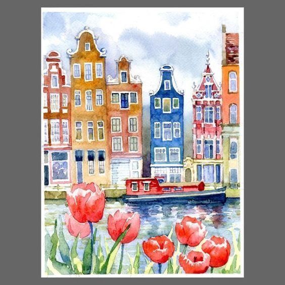 watercolor painting of red tulips in front of buildings and a boat on the river