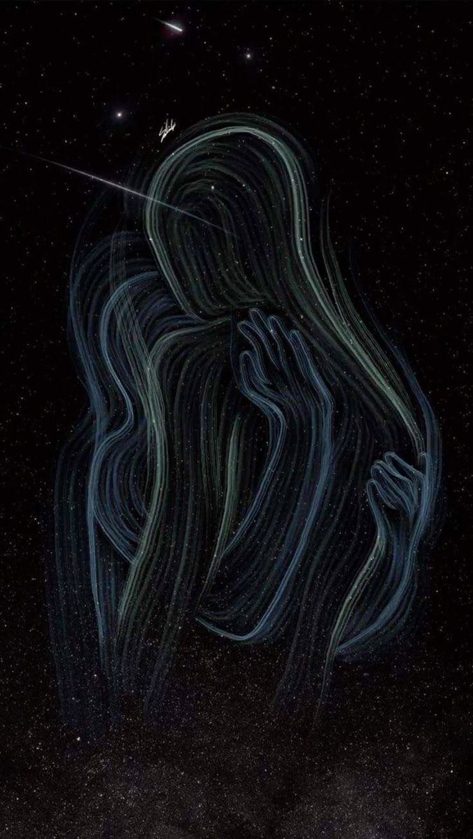 a woman's face with long hair and stars in the sky above her head