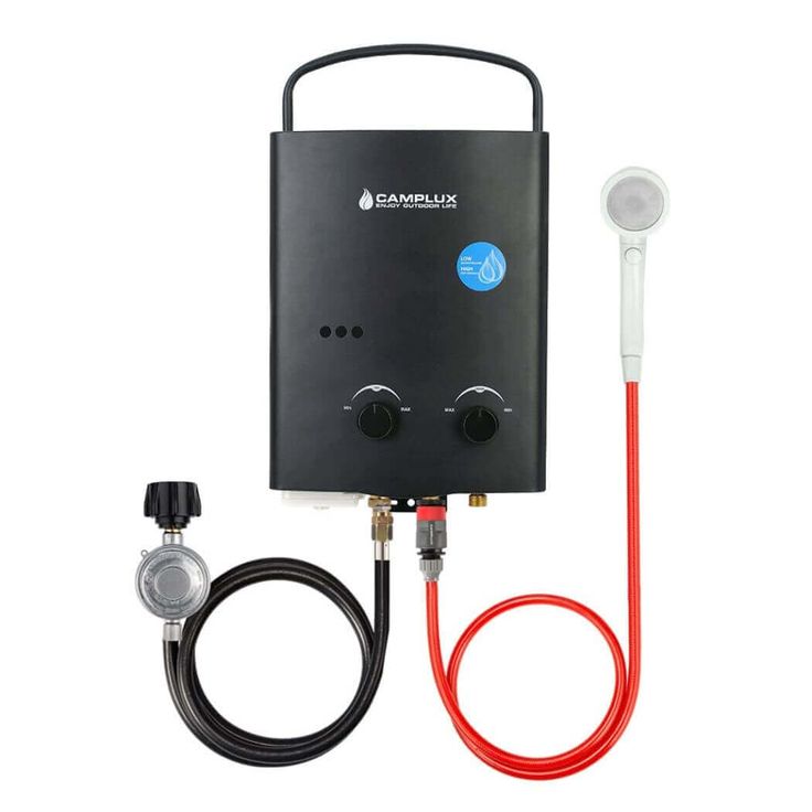 the tankless water heater is connected to a red hose and plugged in