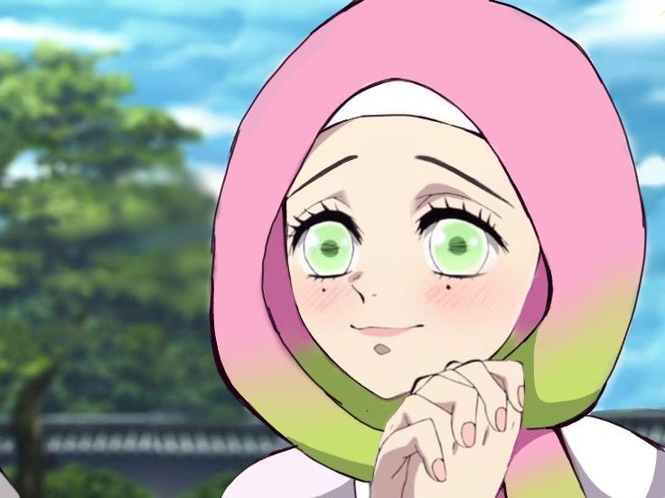 an anime character with green eyes and a pink head scarf, looking at the camera