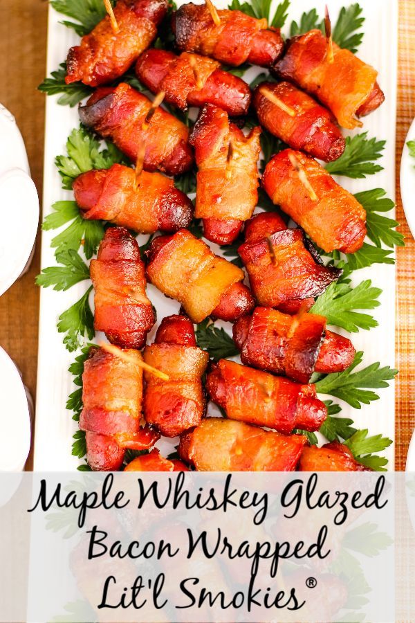 maple whiskey glazed bacon wrapped lettuce skewers on a white plate with text overlay