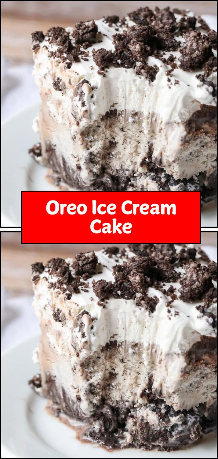 two pictures of an oreo ice cream cake on a white plate with the words oreo ice cream cake above it