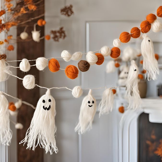 halloween decorations hanging from a string with yarn balls and pumpkins on it, in front of a fireplace