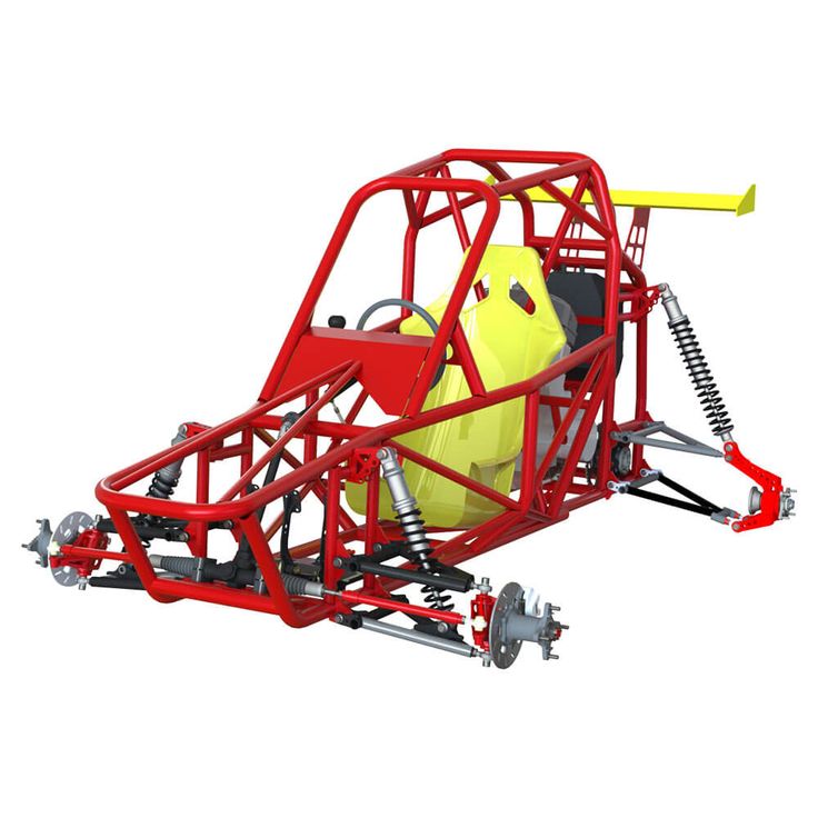 a yellow ball is in the back of a red cart with wheels and springs on it