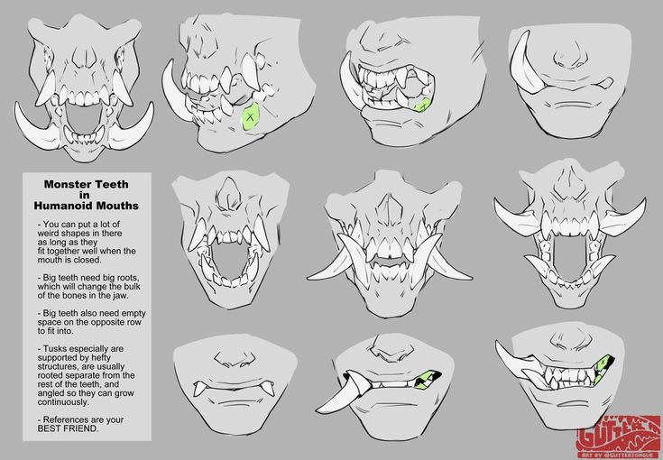 the instructions for how to draw monster heads with different facial expressions and head shapes, including teeth