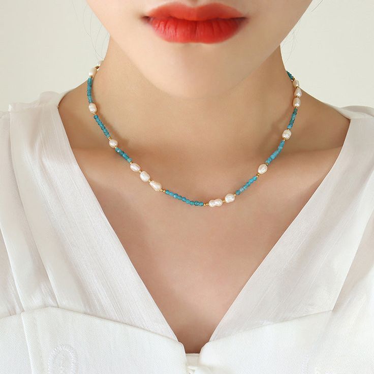 Style: Female Material: Titanium Steel, Freshwater Pearl, Natural Stone Pearl Type: Cultured Pearl Color: White Pearl Shape: Irregular Necklace Length: 43+5cm Elegant Light Blue Beaded Necklace, Elegant Blue Beaded Necklace For Beach, Light Blue Clavicle Chain Necklace, Blue Beaded Necklaces For Jewelry Making In Summer, Handmade Light Blue Necklace For Summer, Handmade Light Blue Necklaces For Summer, Elegant Blue Jewelry For Beach, Blue Beaded Choker For Summer, Elegant Blue Necklace For Beach