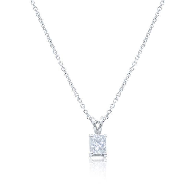 14kt White Gold Solitaire Pendant with 0.50 Cts Luxury Single Diamond Square Pendant Necklace, Modern White Gold Solitaire Necklace Luxury, Classic Cubic Zirconia Diamond Necklace With Emerald Cut, Sterling Silver Jewelry With Single Radiant Cut Diamond, Classic Vvs Clarity Baguette Cut Diamond Necklace, Formal Platinum Necklace With Emerald Cut, Fine Jewelry Emerald Cut Diamond Necklace With Prong Setting, Diamond White Emerald Cut Sterling Silver Necklace, Emerald-cut Diamond White Sterling Silver Necklace