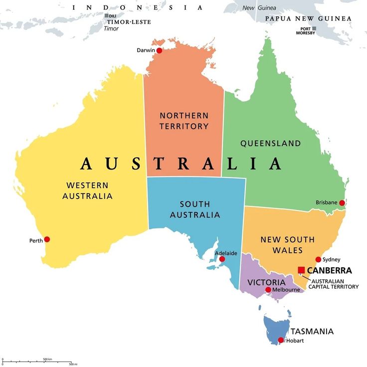 a map of australia with all the major cities and their respective names in bright colors