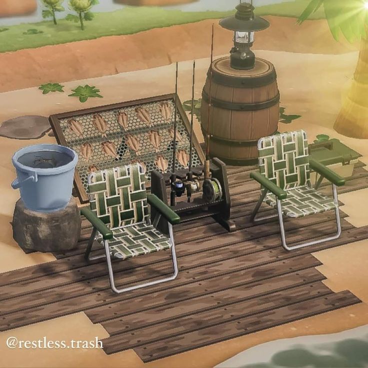 two lawn chairs sitting on top of a wooden floor next to a barrel and bucket