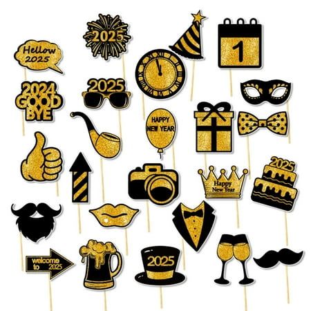 gold and black photo booth props for a new year's eve party or birthday