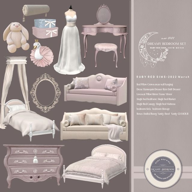 an image of a bedroom set with furniture and accessories in pastel pinks, greys and whites