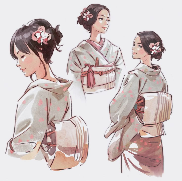 three women in kimonos with flowers on their hair and one wearing a flower in her hair