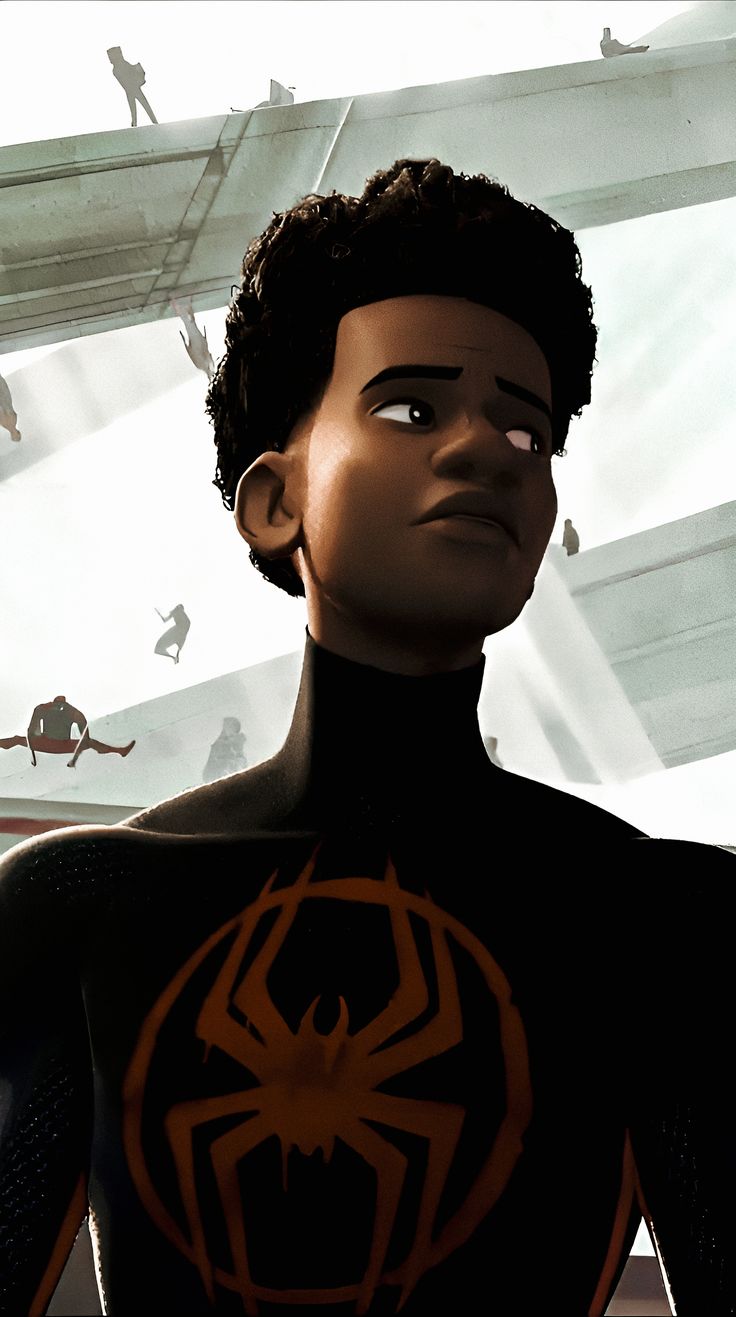 the animated spider - man character is staring at something in front of an image of other people