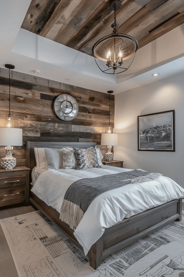 a large bed sitting under a wooden ceiling