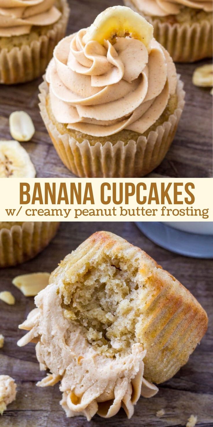 banana cupcakes with peanut butter frosting are on a wooden table and one is cut in half