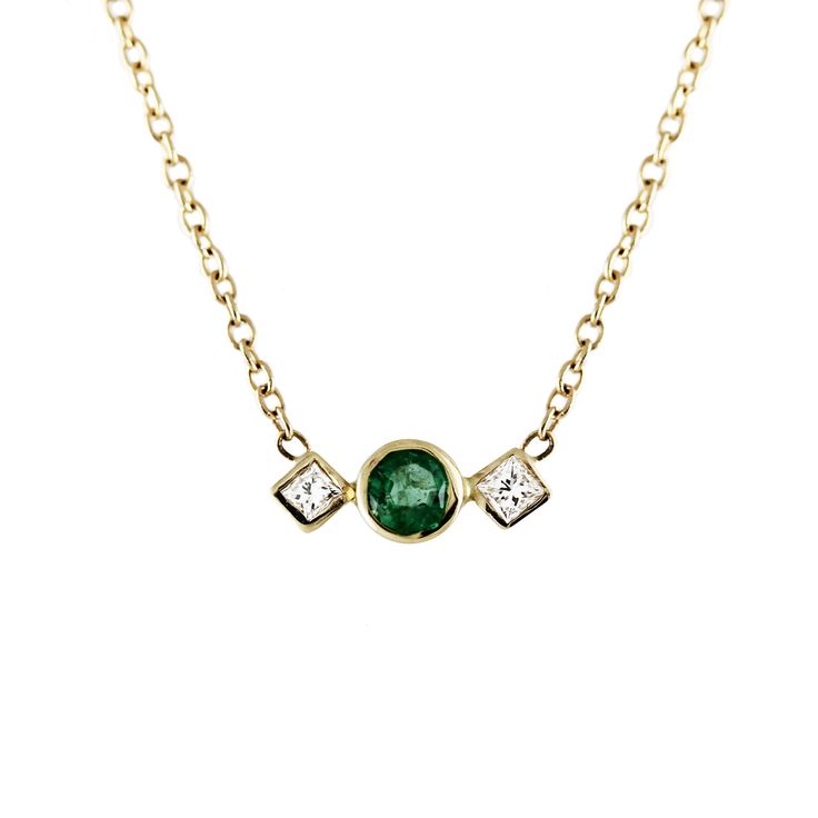 EMERALD WITH SQUARE SIDE DIAMONDS NECKLACE Classic Emerald Necklace With Diamond Accents, Classic Round Emerald Necklace With Diamond Accents, Classic Emerald Necklaces With Bezel Setting, Classic Emerald Necklace In 14k Gold With Bezel Setting, Classic Emerald Necklace With Brilliant Cut, Luxury Jewelry With Single Cut Diamonds For May Birthstone, Classic Emerald Jewelry With Single Cut Diamonds, Classic Necklace With Bezel Setting For May Birthstone, Classic Bezel Set May Birthstone Necklaces