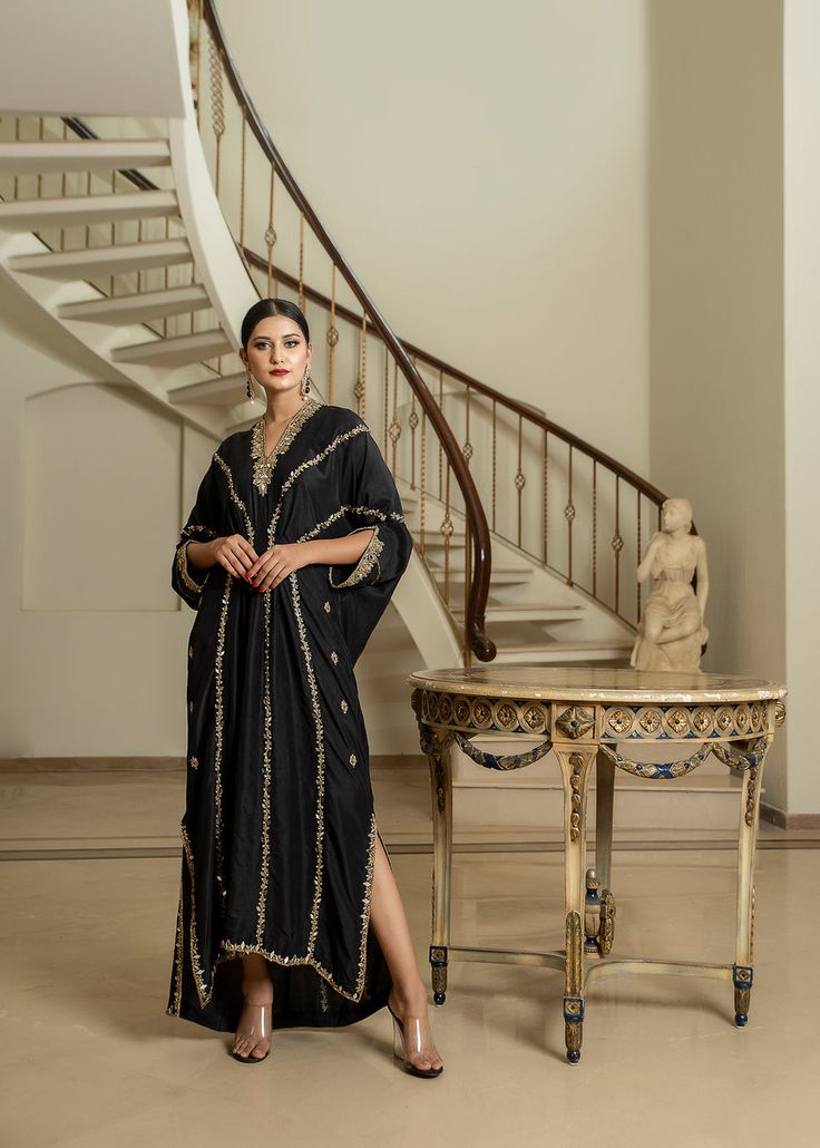 Black Rawsilk Kaftan – PURPLE HAZE PRET STUDIO Festive Traditional Embroidered Dress, Traditional Chanderi Evening Set, Traditional Chanderi Sets For Evening, Party Kaftan In Chanderi With Dabka Work, Party Kaftan With Dabka Work On Chanderi Fabric, Festival Chanderi Kaftan For Party, Party Kaftan With Dabka Work In Chanderi, Hand Embellished Floor-length Kurta For Eid, Floor-length Hand Embellished Kurta For Eid