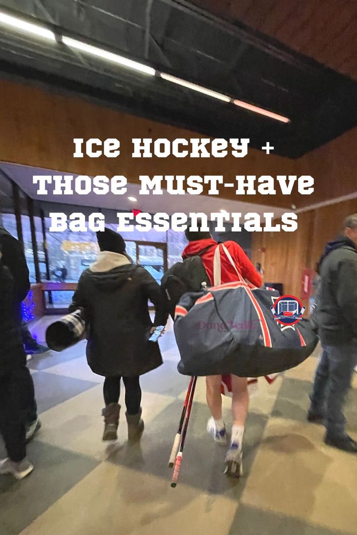 people walking through an airport with luggage and backpacks on their backs, text reads ice hockey those must have bag essentials