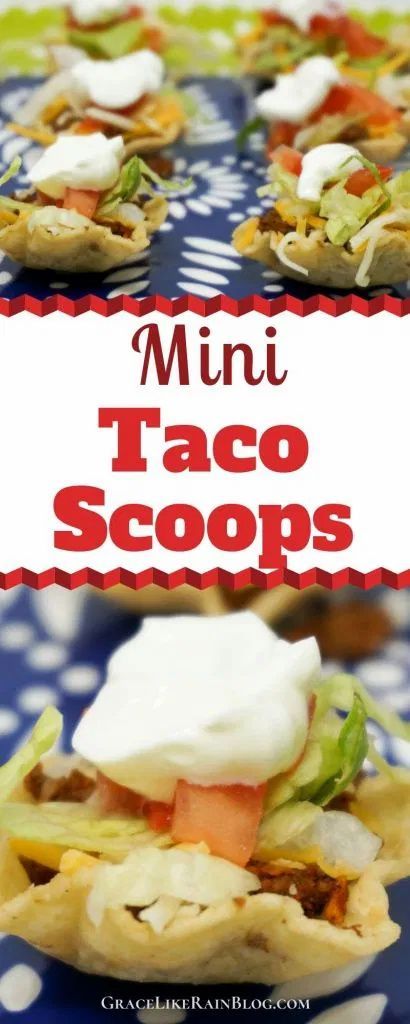 mini taco scoops on a blue and white plate with the title above it