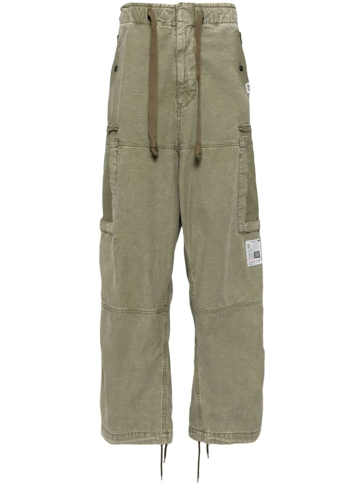 khaki green cotton washed frayed edge logo patch to the front two side slit pockets two rear jetted pockets elasticated drawstring waistband Cargo Pants Green, Edge Logo, Maison Mihara Yasuhiro, Maison Mihara, Cotton Cargo Pants, City Shorts, Pants Green, Balenciaga Triple S, Short Suit