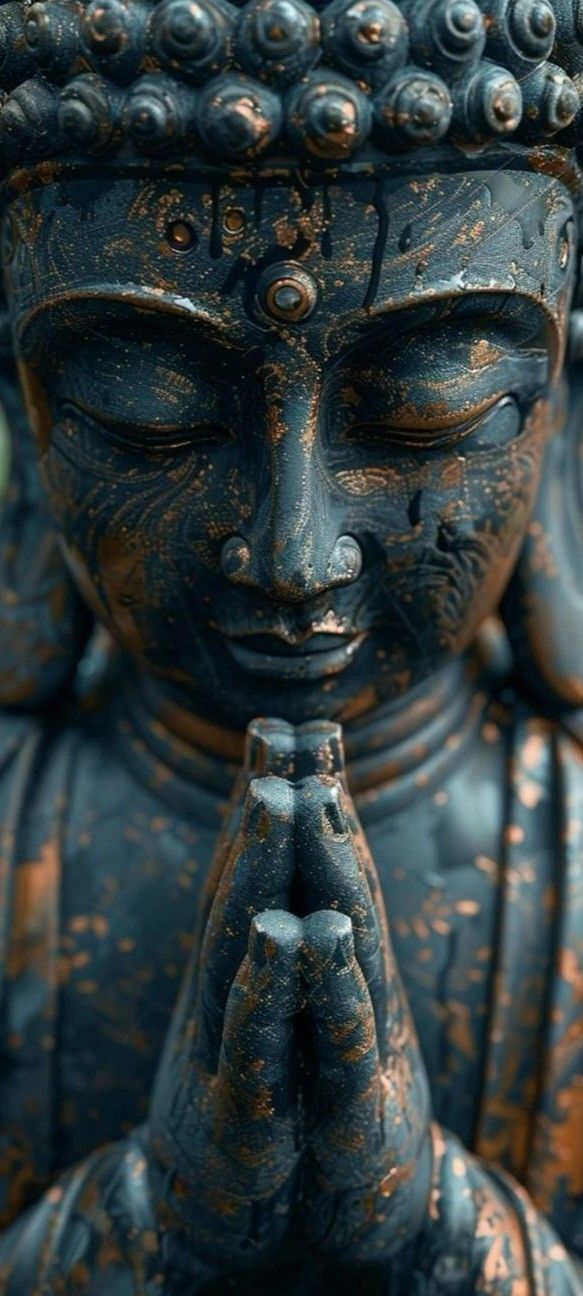 a buddha statue with its eyes closed and hands clasped in front of it's face