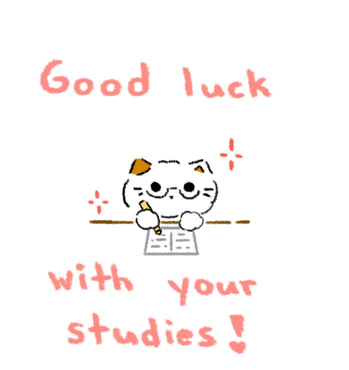 an image of a cat that is writing on a piece of paper with the words good luck